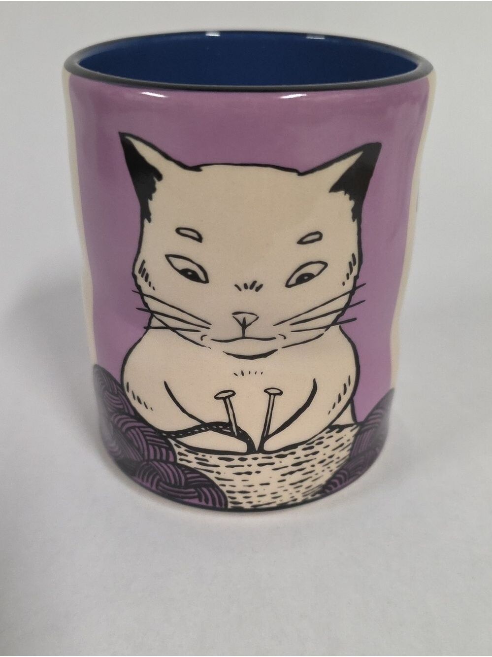 The Bowl Maker Lucky Cat Knitting Cup - Dark Blue Interior Whimsical Ceramic